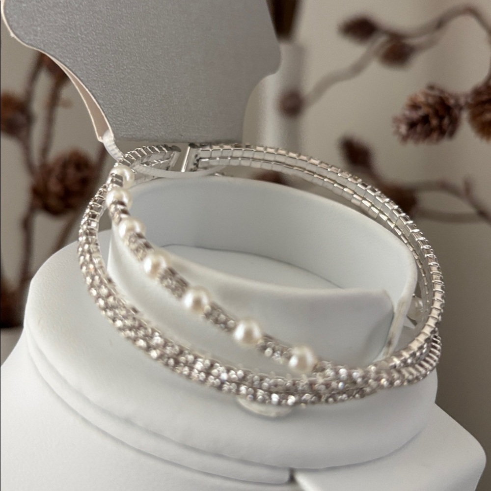 Noir Jewelry Silver-tone, clear rhinestones, faux pearls,wrap stretch
